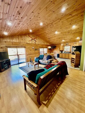 Smart TV, fireplace, video games, DVD player