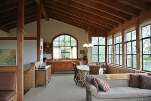 Una Smart TV, una chimenea, un reproductor de DVD, un futbolín