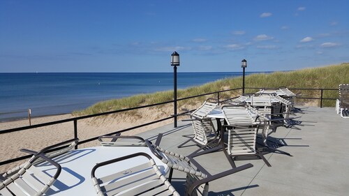 Beachfront Condo on Lake Michigan with heated pool.
