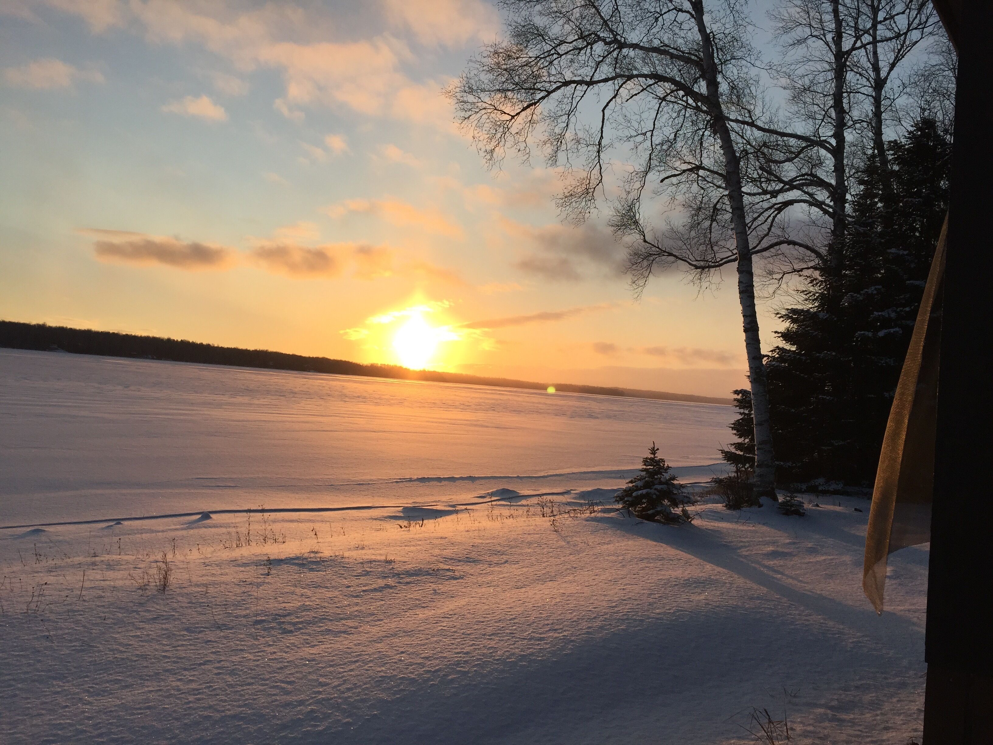 A frozen lake at sunset with bare trees and snow on the ground.