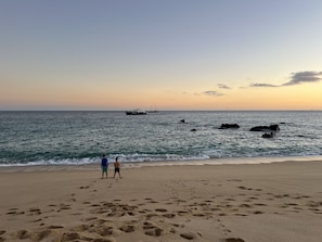 On the beach, sun-loungers, beach towels