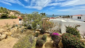 A residential area with a view of the sea, featuring a garden with various plants and flowers. - Pacific Ocean View in Pedregal- Mexican Chic 4 Bedroom Private Villa with Pool (Cabo San Lucas B.C.S)