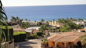 A coastal residential area with houses, palm trees, and a view of the ocean. - Pacific Ocean View in Pedregal- Mexican Chic 4 Bedroom Private Villa with Pool (Cabo San Lucas B.C.S)