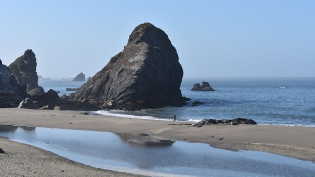 Paisaje costero con grandes formaciones rocosas y una playa.