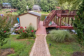 Dock with covered boat slip, paddle boat, SUPs, canoe, quiet cove for swimming.