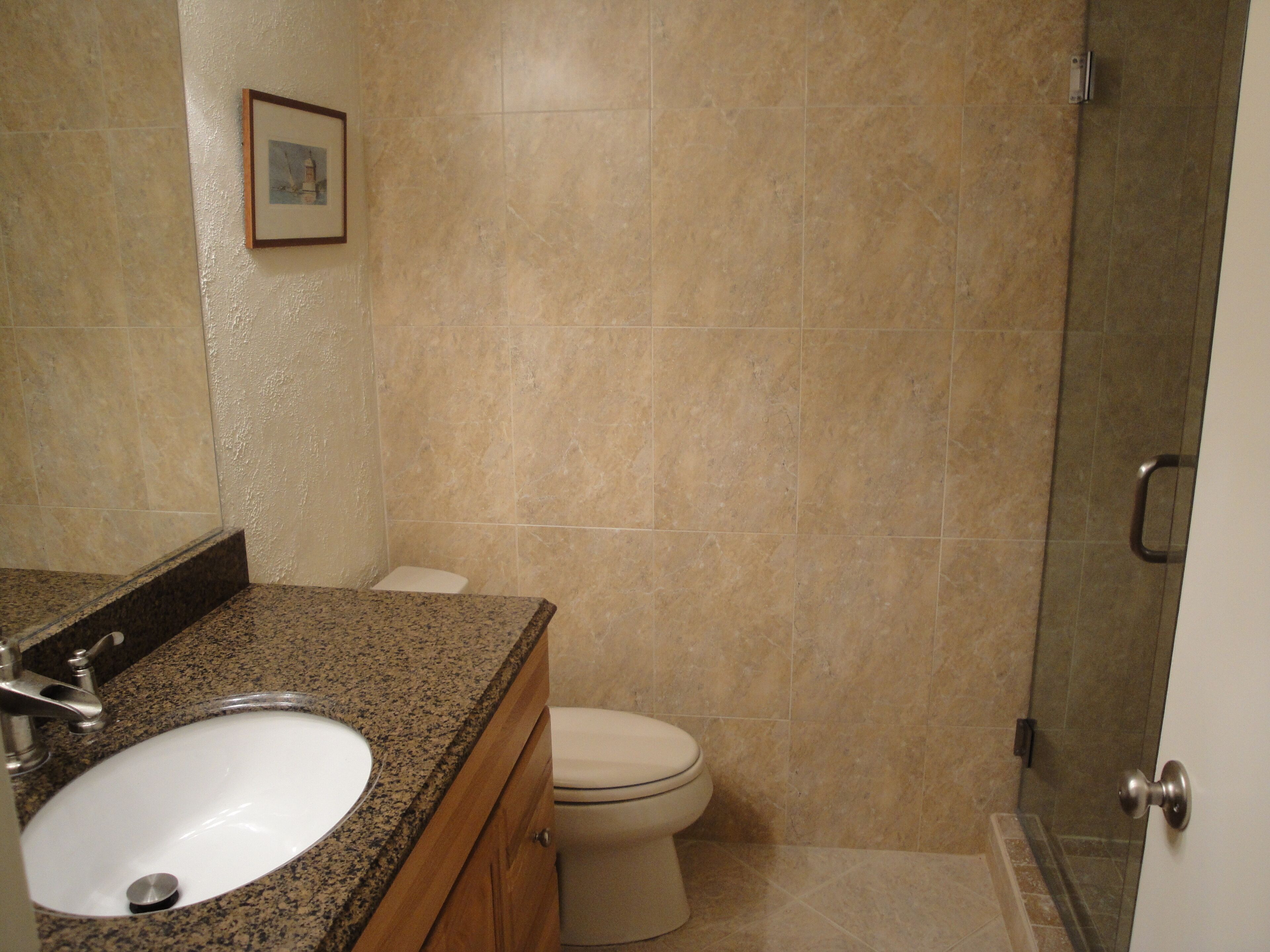 Een badkamer met een granieten aanrechtblad, een witte wastafel, toilet en douche.