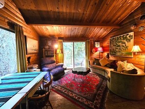 Smart TV, fireplace, books, stereo