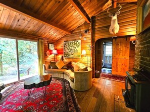 Smart-TV, Kamin, Bücher, Stereoanlage