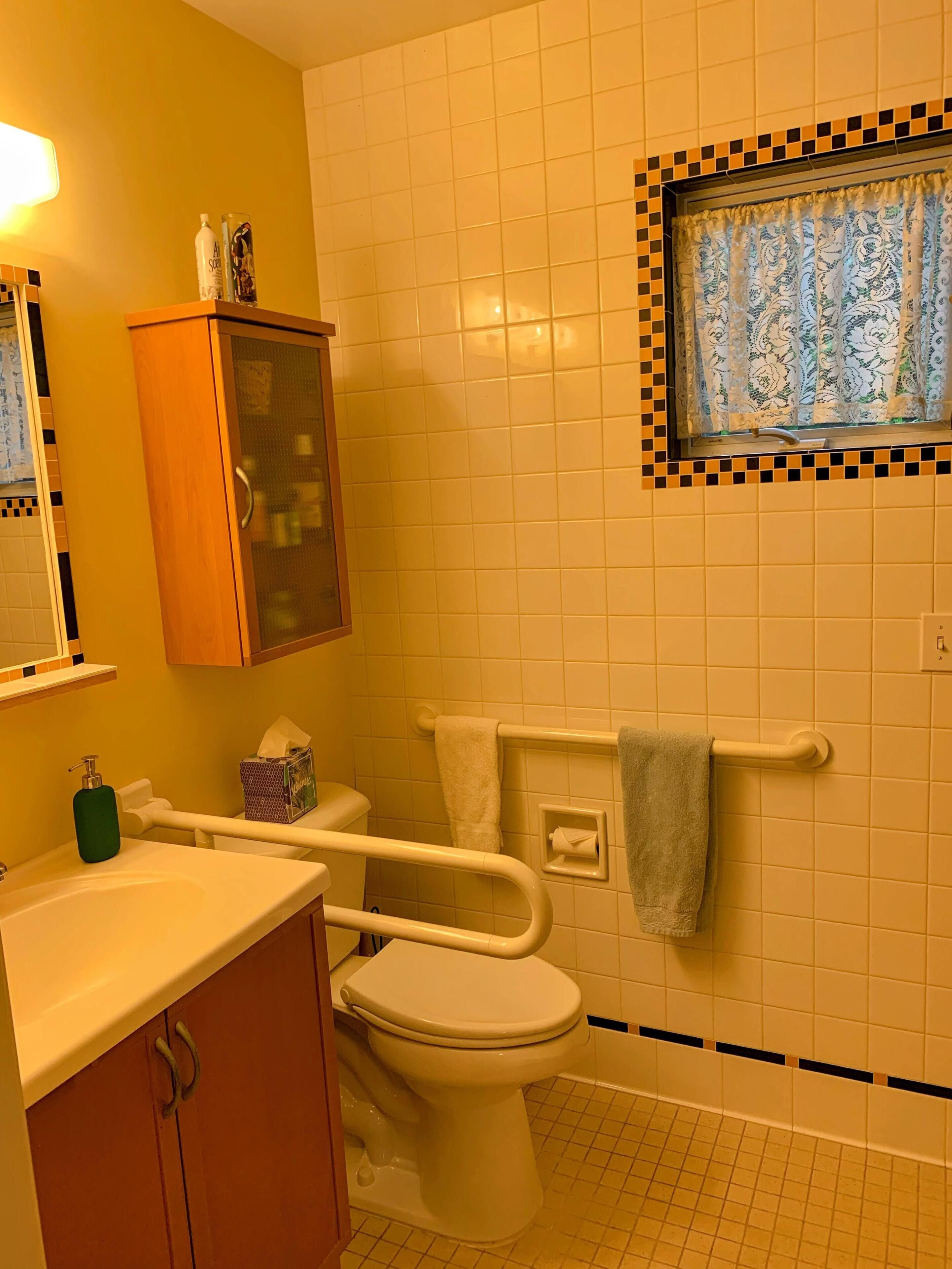 A bathroom with a toilet, a sink, a cabinet, and a window with patterned curtains.