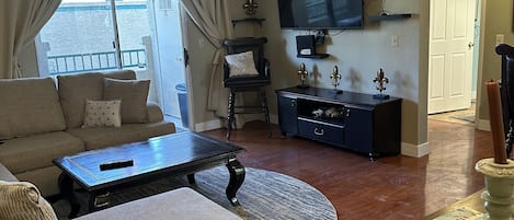 TV, DVD player, video library, stereo