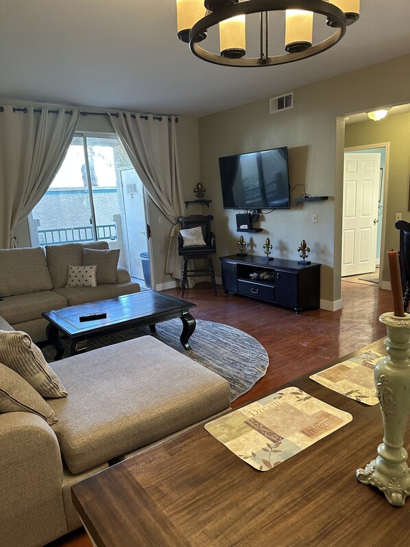 TV, DVD player, video library, stereo