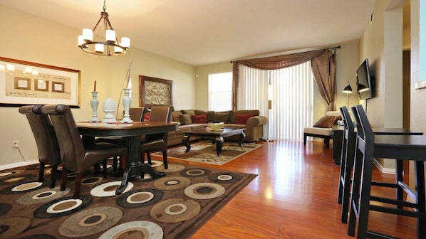 TV, DVD player, video library, stereo