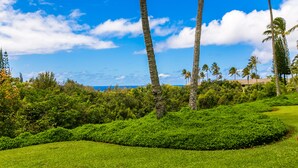 A lush green landscape with palm trees and a clear blue sky. - Newly Remodeled Ocean View Condo, 2 bedroom, 2 bath, No stairs!  (Princeville)