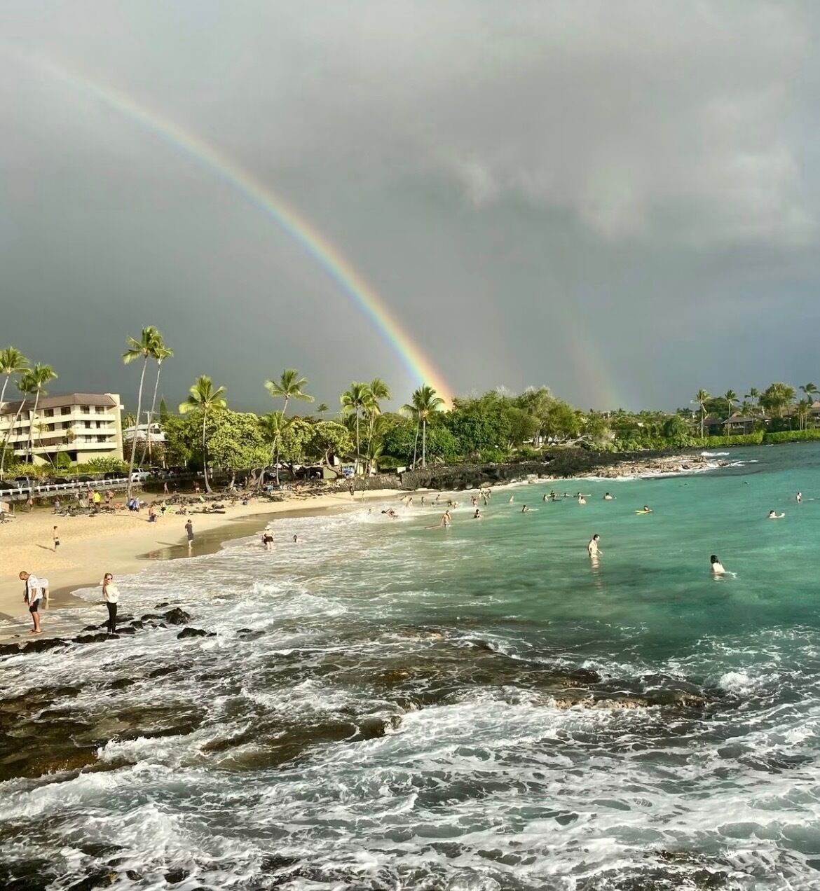 Une plage avec un arc-en-ciel, des palmiers et des vagues de l’océan.