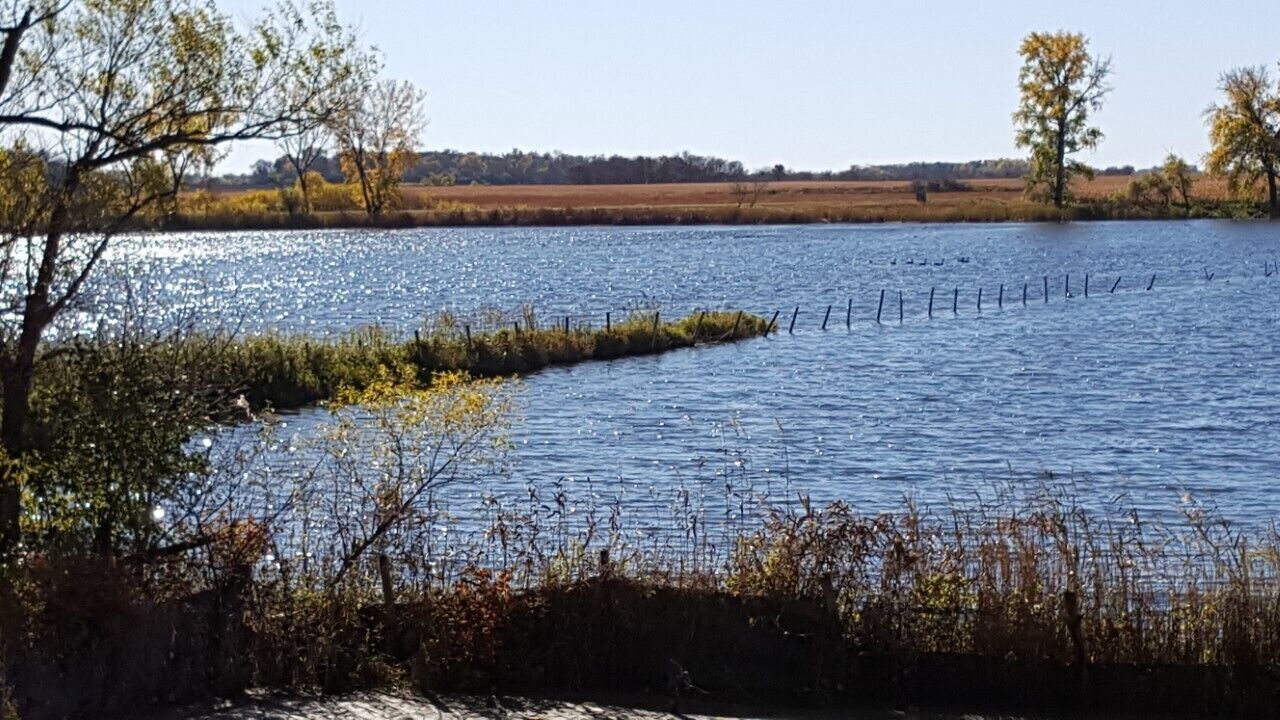 Un lac paisible, avec une jetée en bois qui s’avance sur l’eau, entouré d’arbres et de vastes champs ouverts.