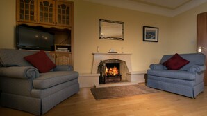A living room with two blue armchairs, a television, a fireplace, and wooden cabinets. - Self-Catering Holiday Home in Beautiful Ventry (Dingle)