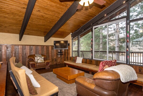 Télévision, cheminée, lecteur de DVD, table de tennis de table