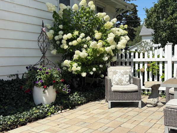 A patio with outdoor furniture, a white fence, and a flowering plant.