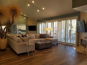 Smart TV, fireplace, books