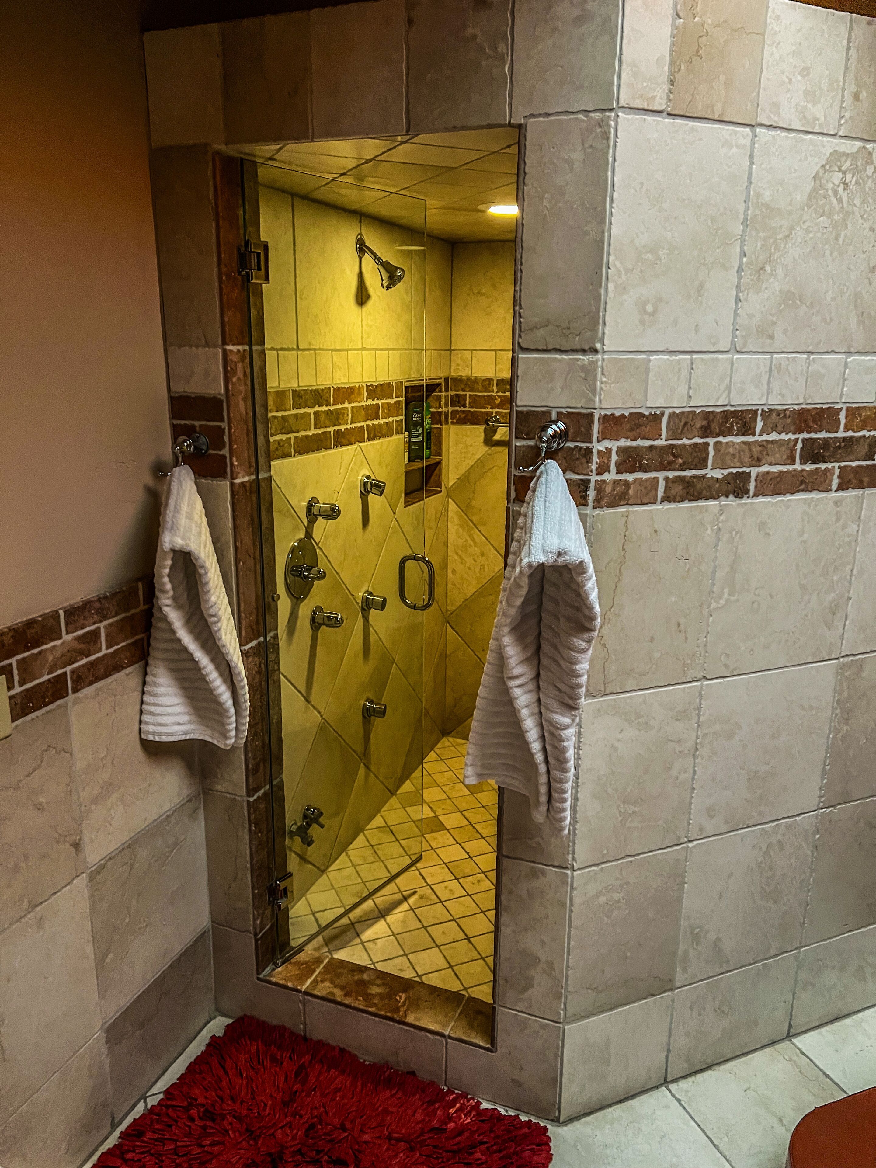 Combined shower/tub, jetted tub, towels, toilet paper