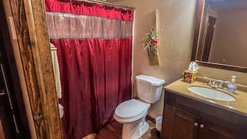 Combined shower/tub, jetted tub, towels, toilet paper
