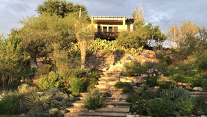 A house with a stone staircase leading up to a balcony, surrounded by a variety of plants and trees. - Best Sunsets in town! (Marfa)