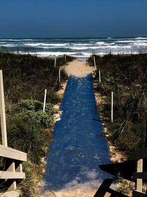 A beach path leading to the ocean, bordered by vegetation and wooden posts.