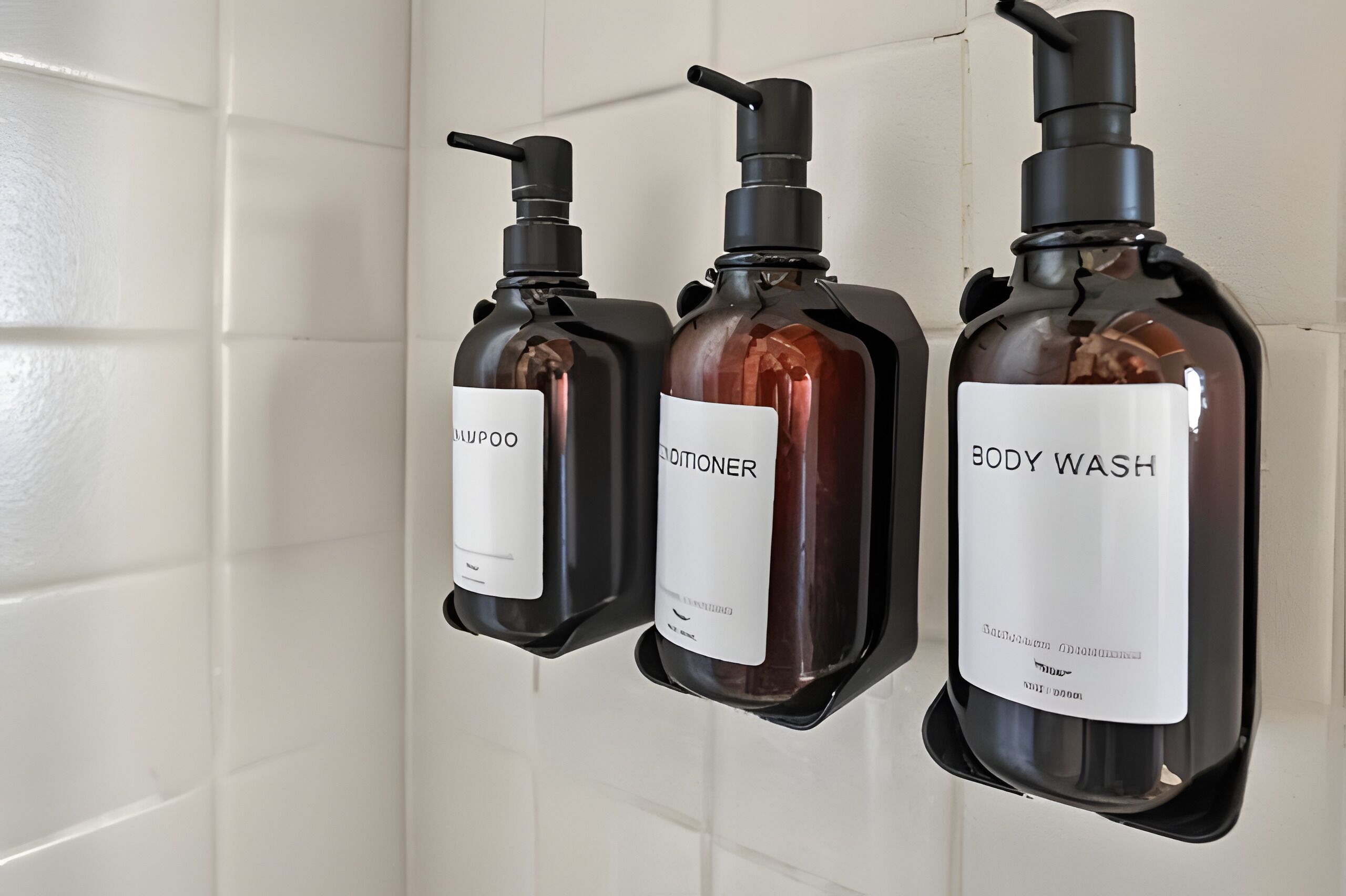 Tres botellas de champú, acondicionador y gel de baño colgadas sobre una pared de azulejos blancos.