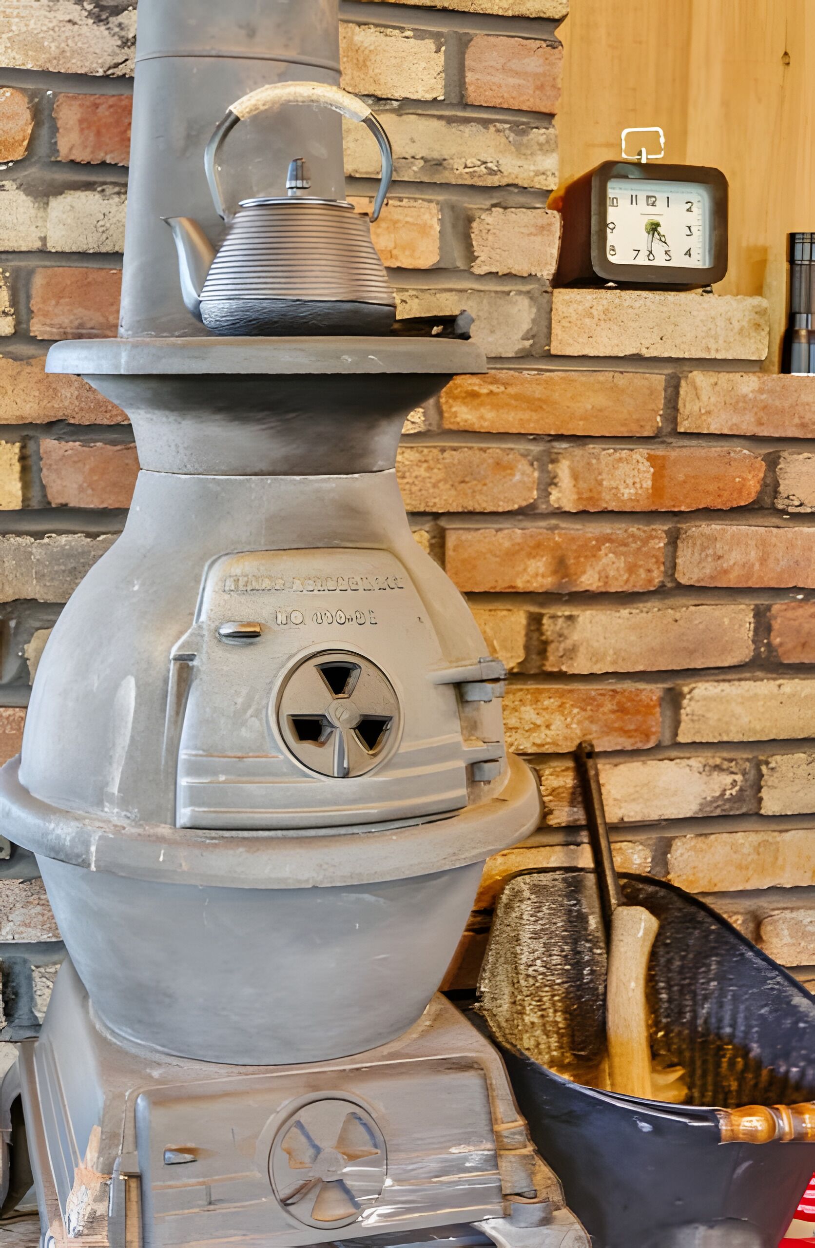 A vintage stove with a metal kettle on top, a brick wall background, and a clock on the wall.