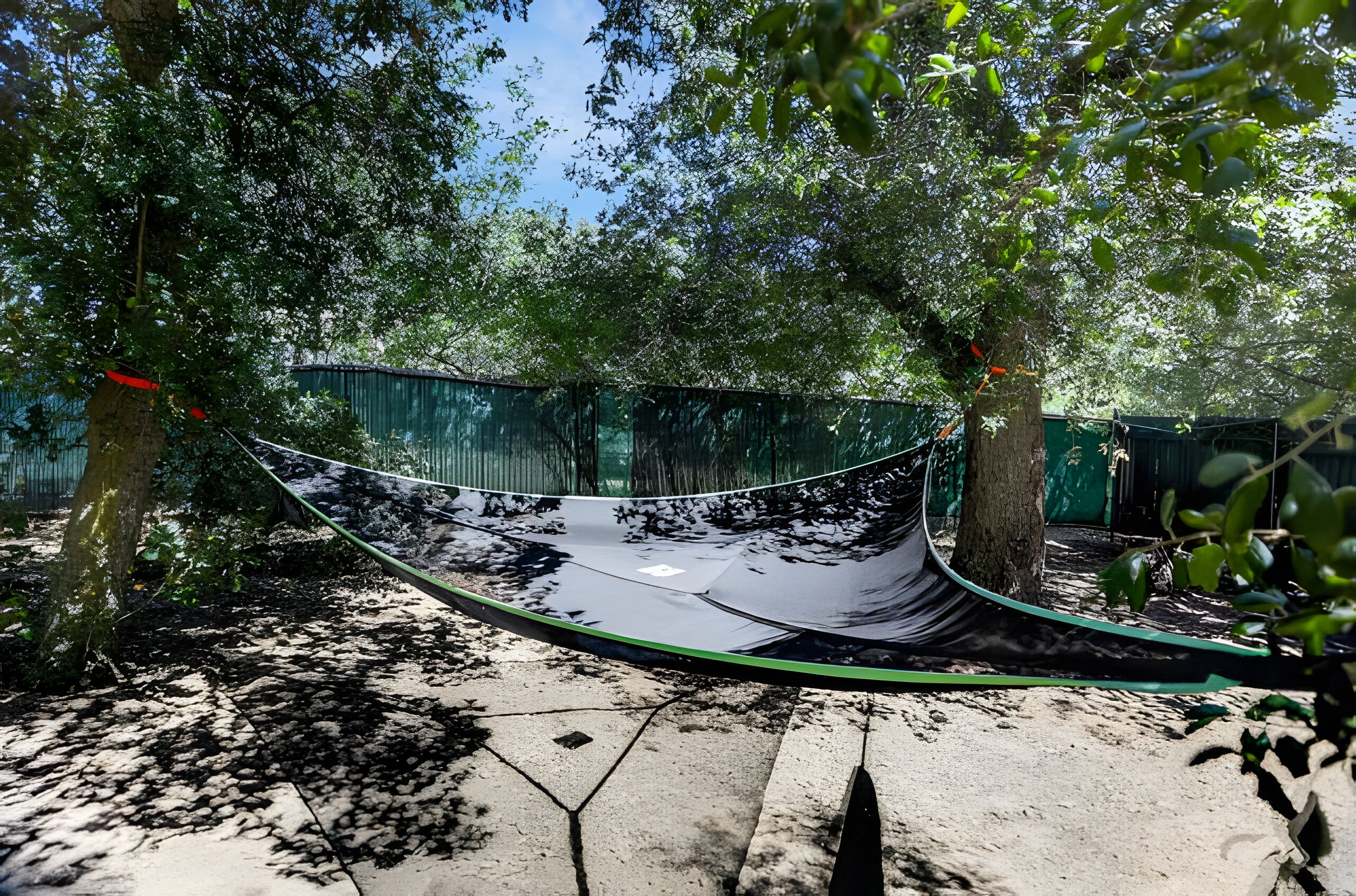 A hammock suspended between trees in a wooded area.