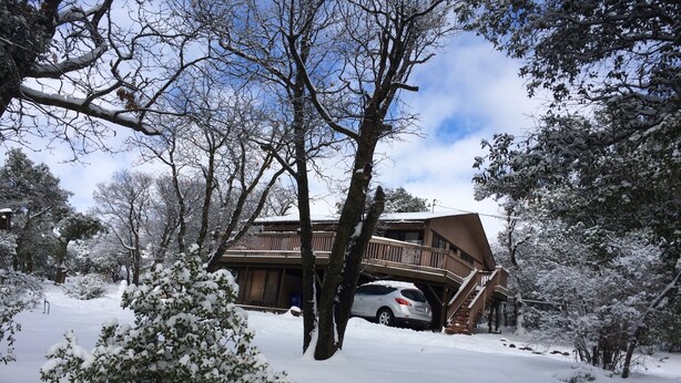 A wooden cabin with a balcony and a staircase leading to a deck, surrounded by snow-covered trees.