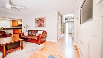 Smart TV, fireplace, foosball, books