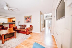 Smart TV, fireplace, table football, books