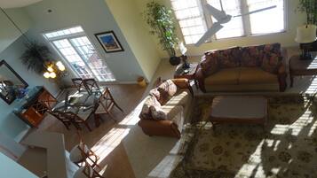 TV, fireplace, DVD player, foosball