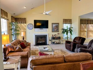 TV, fireplace, DVD player, foosball