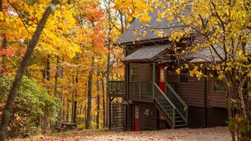 Welcome to Ridgetop Cabin! View of the cabin as you drive up. Enter through the red door at the top of the stairs.