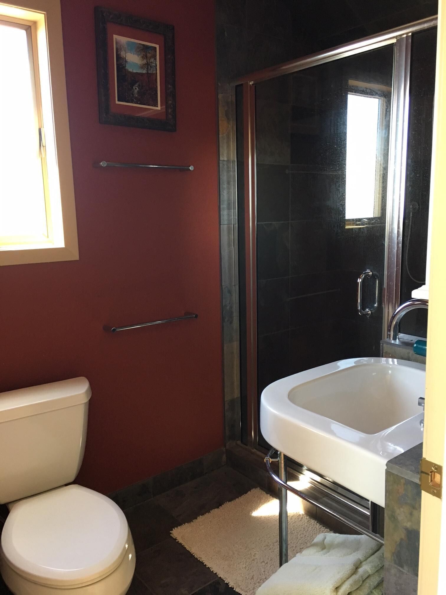 Un baño con inodoro, ducha y lavamanos.