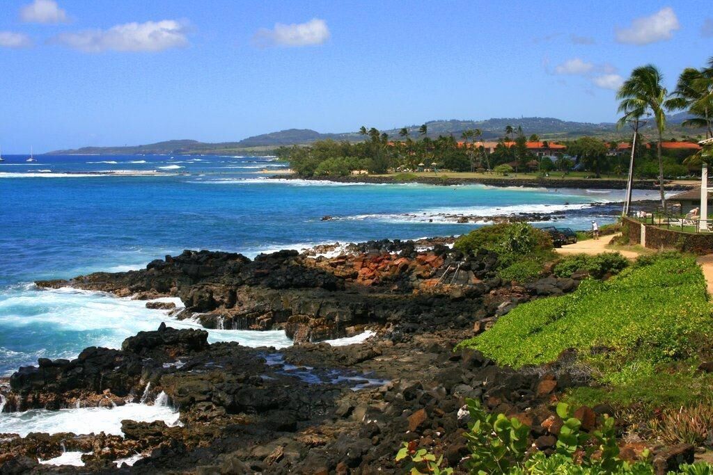 A coastal landscape with rocky terrain, a clear blue sea, and a distant view of a residential area with houses and palm trees.