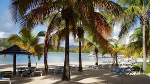 Una playa con sillas de descanso, palmeras y un pabellón.