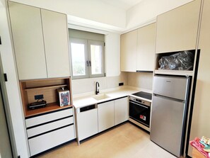 Fridge, oven, stovetop, coffee/tea maker