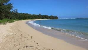 Une plage de sable fin aux vagues douces, un ciel dégagé et une zone boisée en arrière-plan.