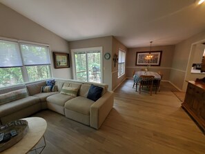 Flat-screen TV, fireplace, books