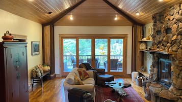 Smart TV, fireplace, books