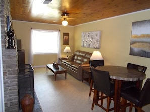 TV, fireplace, DVD player, video library