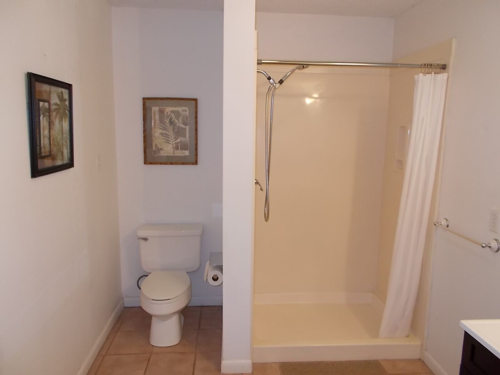 Un baño con inodoro, ducha con puerta de cristal y cuadros en la pared.