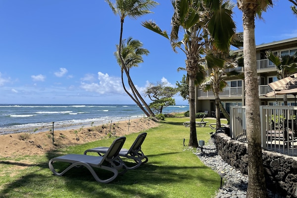 Beach front with lounge chairs