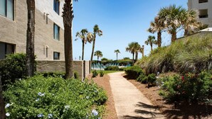 A pathway leading to a pool area surrounded by palm trees and lush greenery. - Surf & Racquet Club A124-Condo (Fernandina Beach)