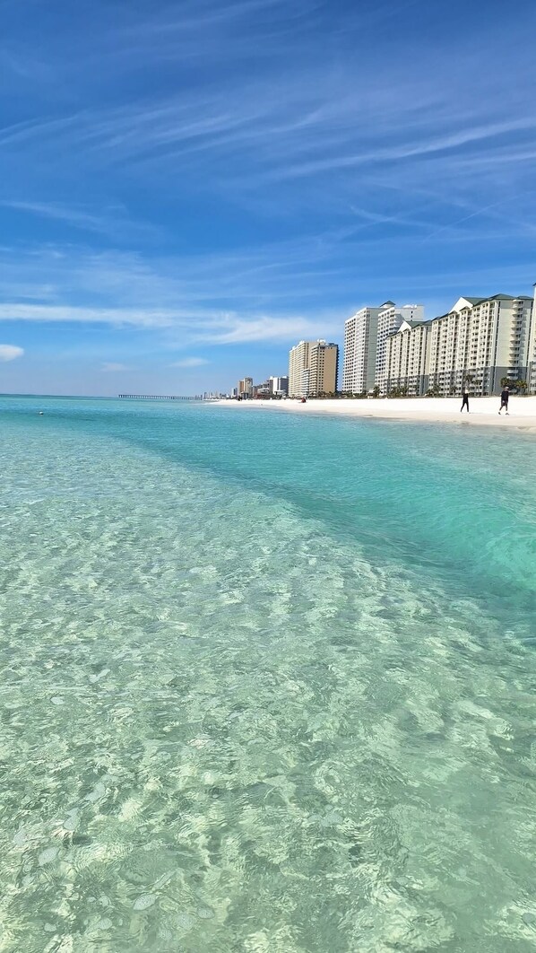 En la playa y camastros