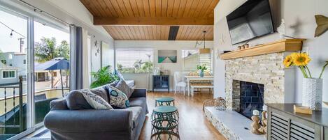 Smart TV, fireplace, books, video library