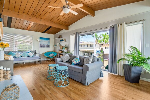 Smart TV, fireplace, books, video library